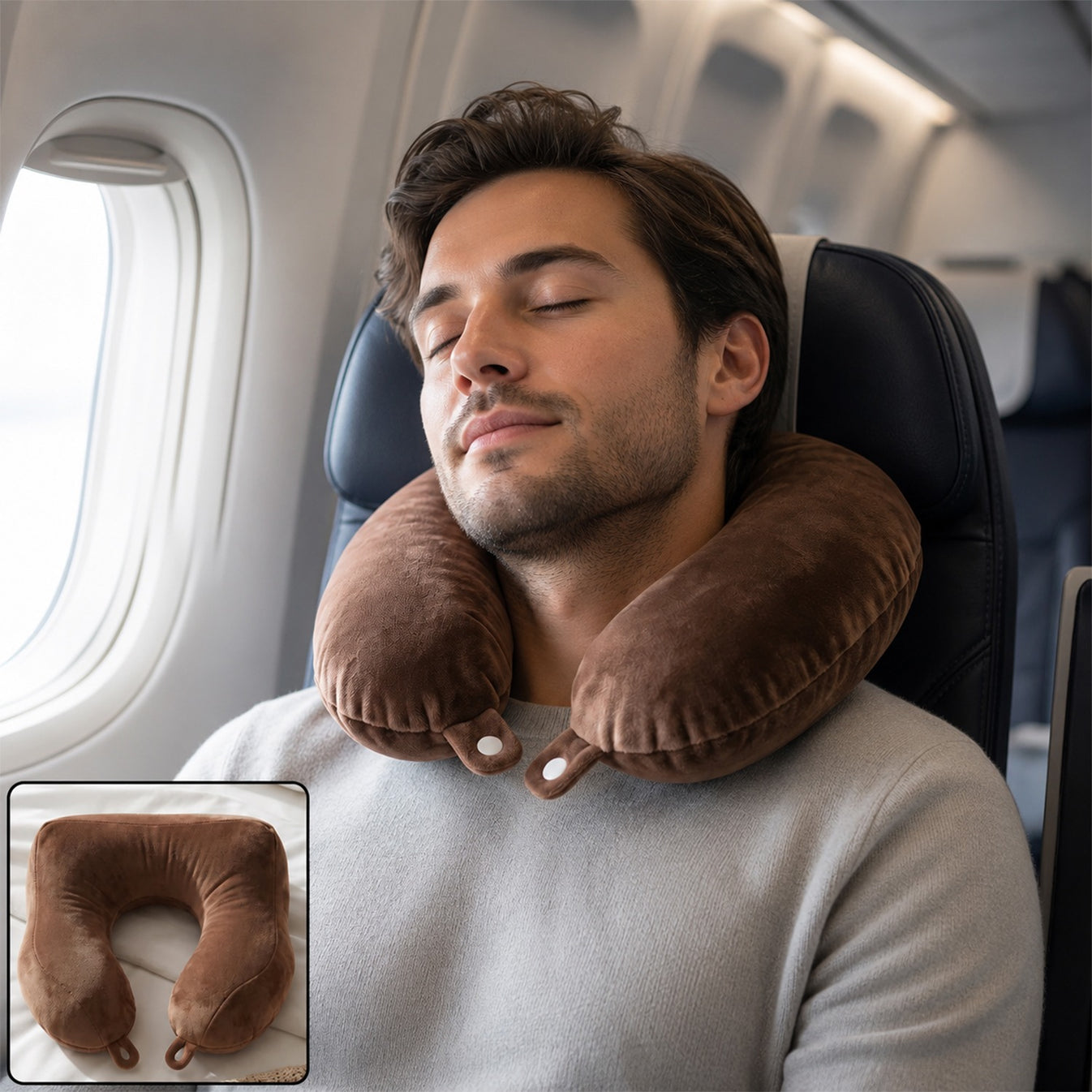 U-Shaped Travel Neck Pillow for Men & Women | Soft Plush Neck Support Pillow for Car, Flight, Train & Bus Travel, Compact Portable Cushion for Head, Neck & Chin Support, Brown, 1 Pc - Image 1