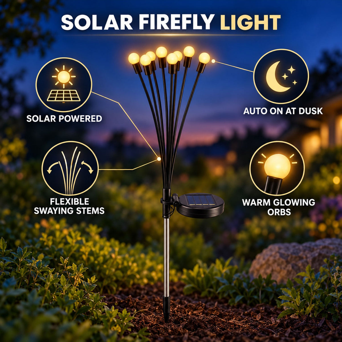 A solar firefly light with glowing orbs in a garden at dusk, with four feature callouts for solar power, auto-on, swaying