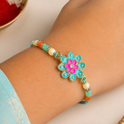 Premium Rakhi with Floral Blossom Charm and crystal accents in bead line for Gift Use