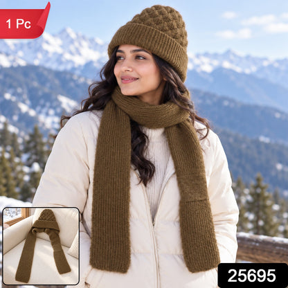 A woman wears a brown knitted cap and attached scarf in a snowy mountain scene, with a small inset showing the product.