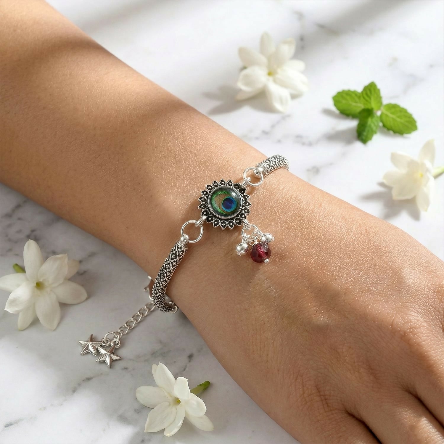 Peacock Stone Silver Charm Bracelet with Adjustable Chain for Women
