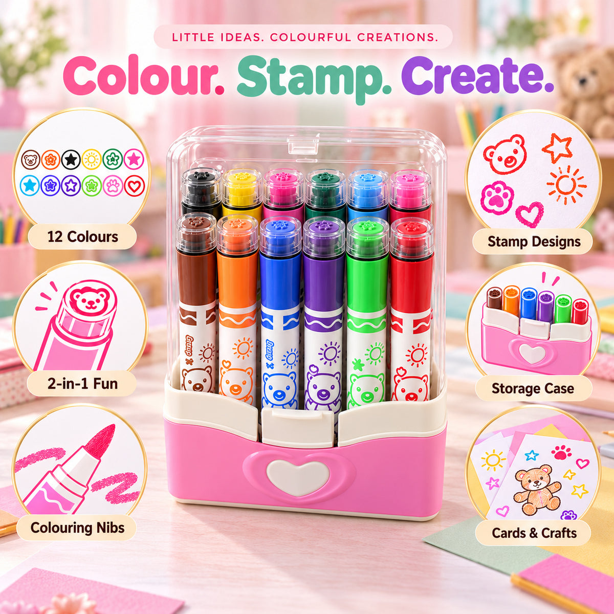 Dual End Colour Sketch Marker Pens with Stamp Designs and Case (12 Pc)