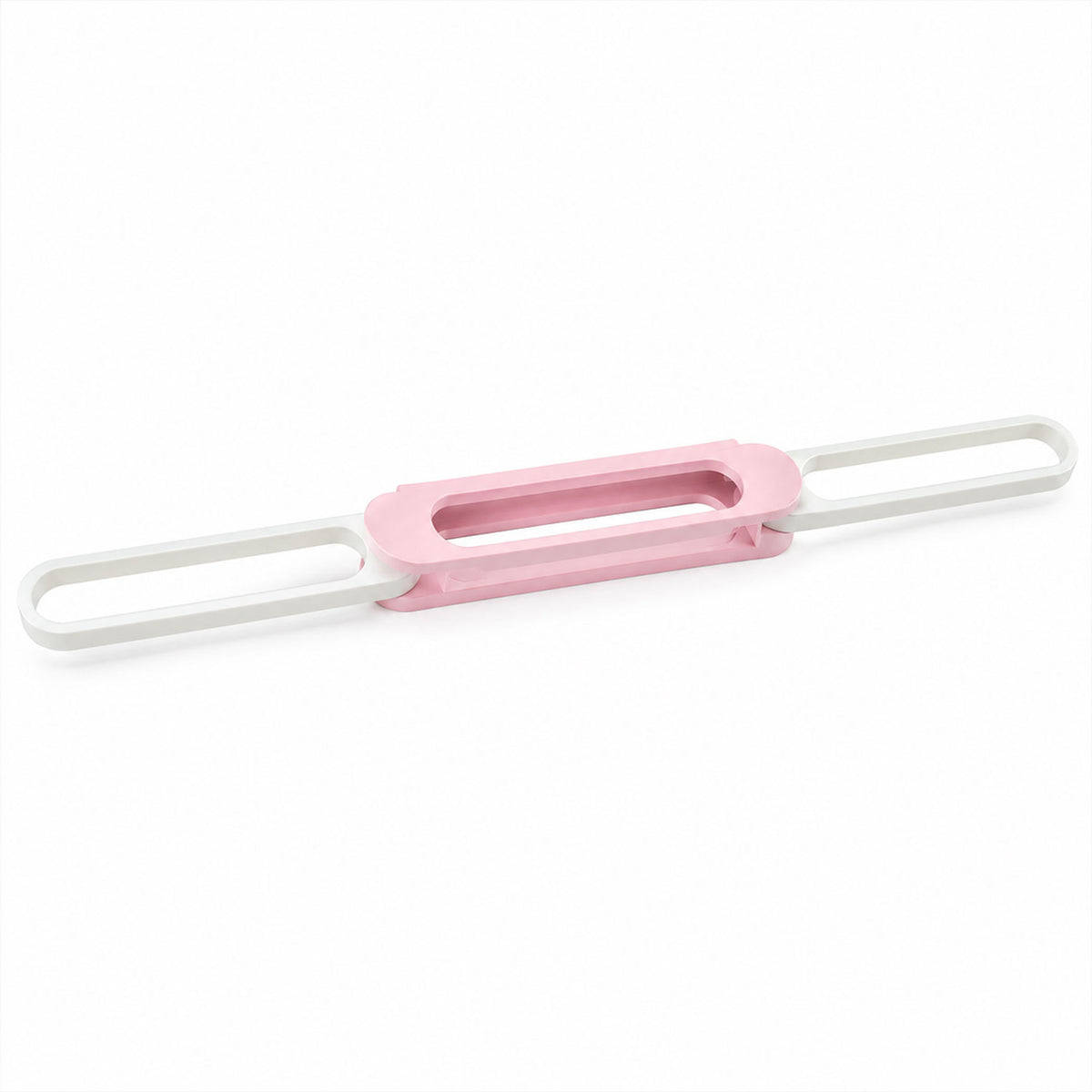 A pink and white foldable shoe rack is extended on a plain white background.