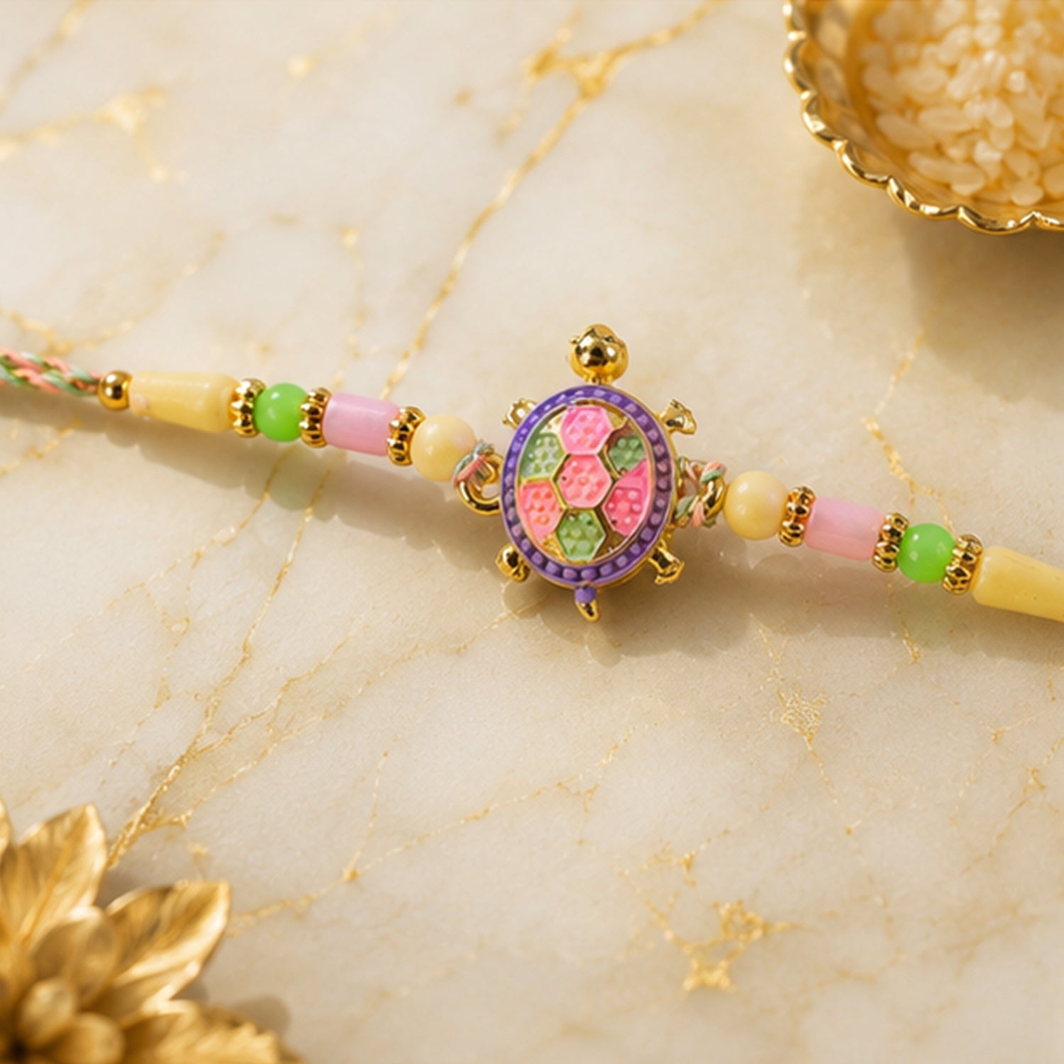 Enamel Tortoise Pendant Rakhi with Pastel Beads