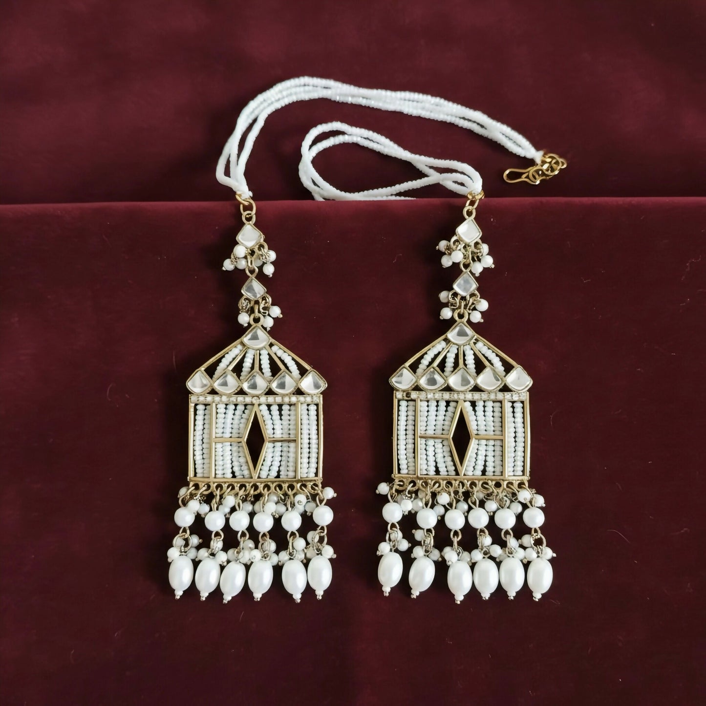 Vintage Birdcage Kundan & Pearl Statement Earrings with Seed Bead Ear-Hanging Chains
