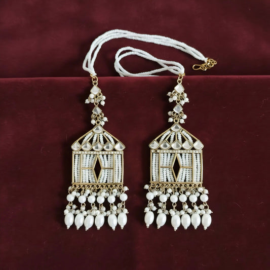 Vintage Birdcage Kundan & Pearl Statement Earrings with Seed Bead Ear-Hanging Chains