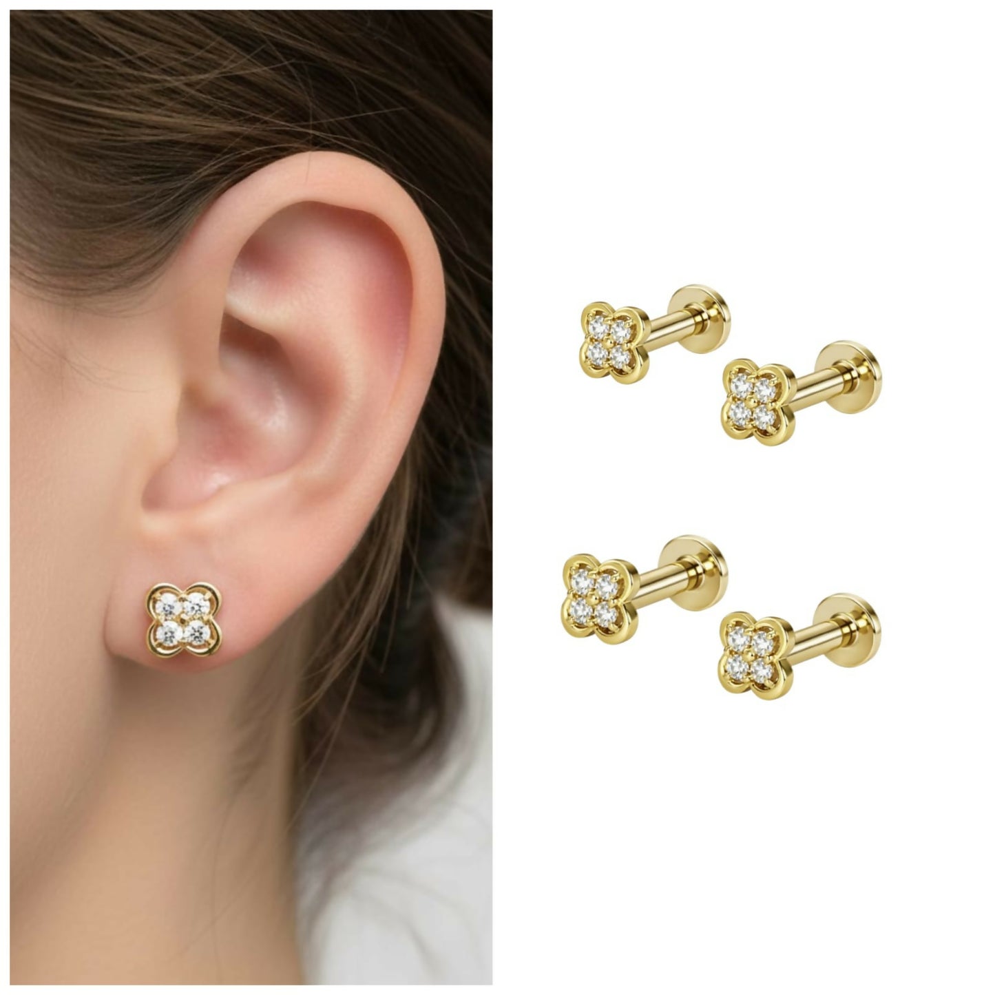 Gold plated clover flat back stud earrings showcasing sparkling cubic zirconia crystals
