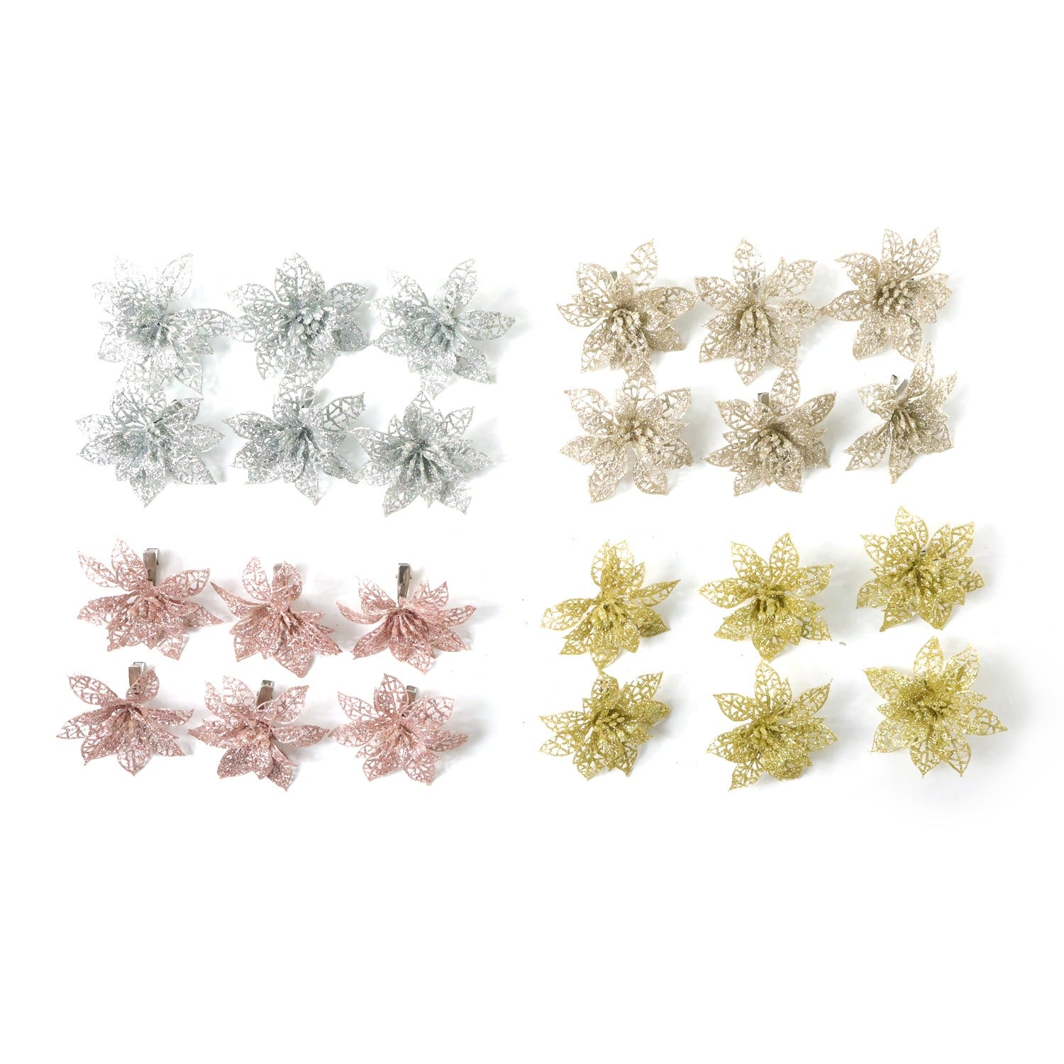 Glitter Flower Hair Clip Set (6 Pc Mix Color Set)