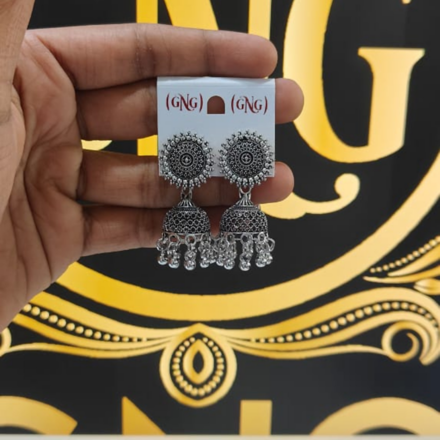 Classic oxidised Silver Jhumka Earings With Round Stud