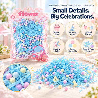 A clear bag of blue shredded paper and pastel foam balls with text highlighting its uses for gifts and crafts.