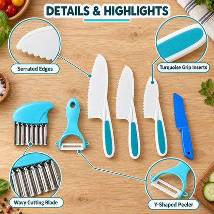Kids Kitchen Set with Serrated Knives, Peeler and Crinkle Cutter (6 in 1)