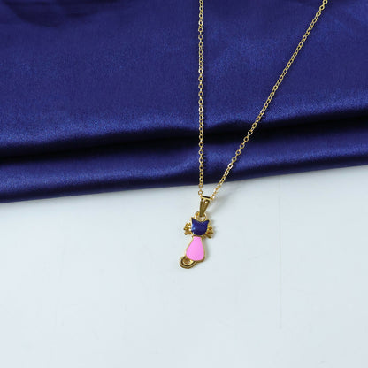 Side view of gold cat pendant with colorful enamel charm