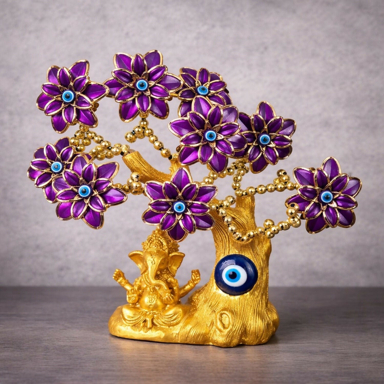 Golden Ganesh Tree with Purple Flowers & Evil Eye | Decorative Showpiece