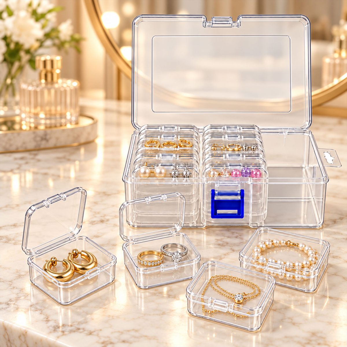 A clear plastic storage box with an open lid, revealing small cases holding earrings, rings, bracelets, and necklaces. A