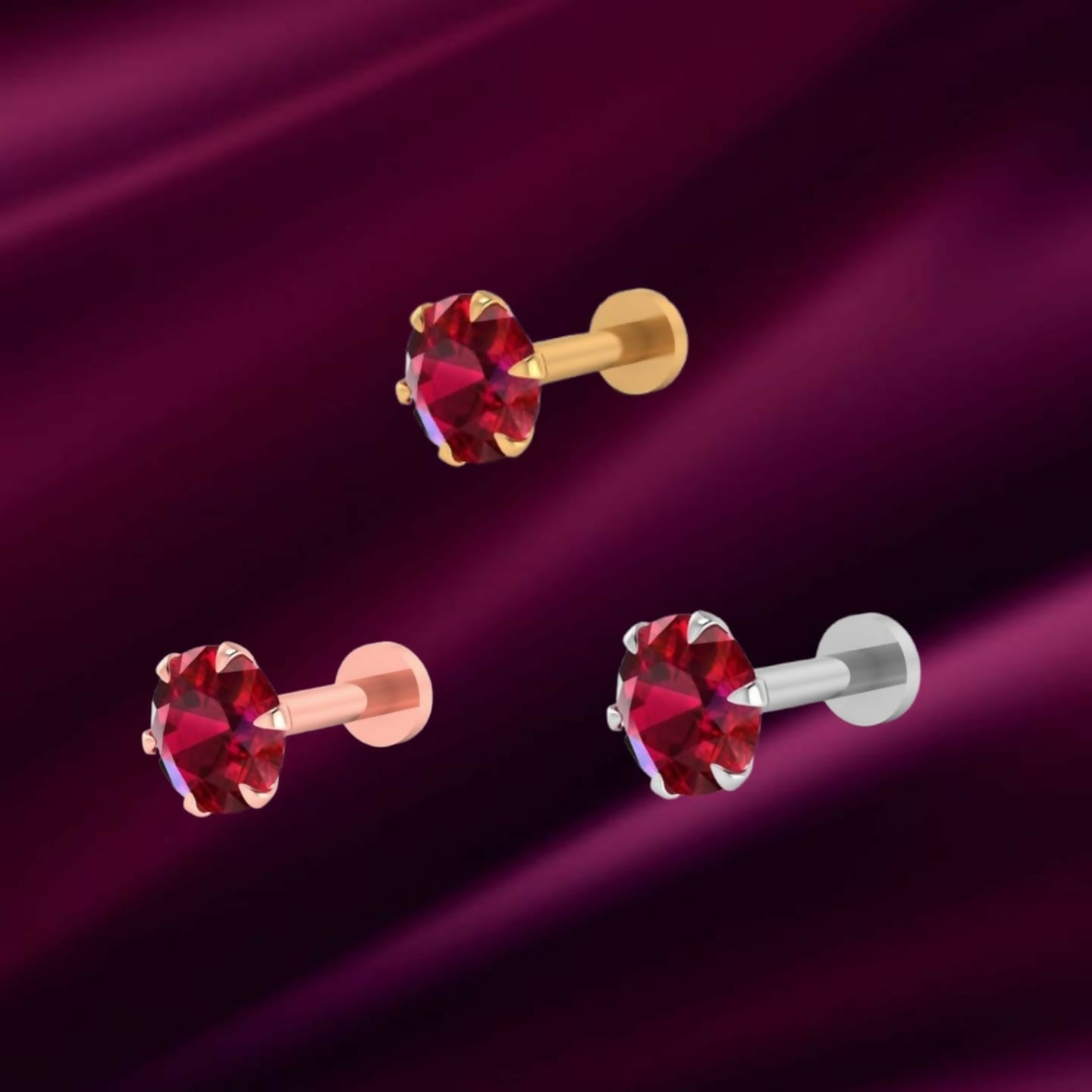 Silver plated ruby nosepin stud featuring a vibrant round ruby in 4-prong setting