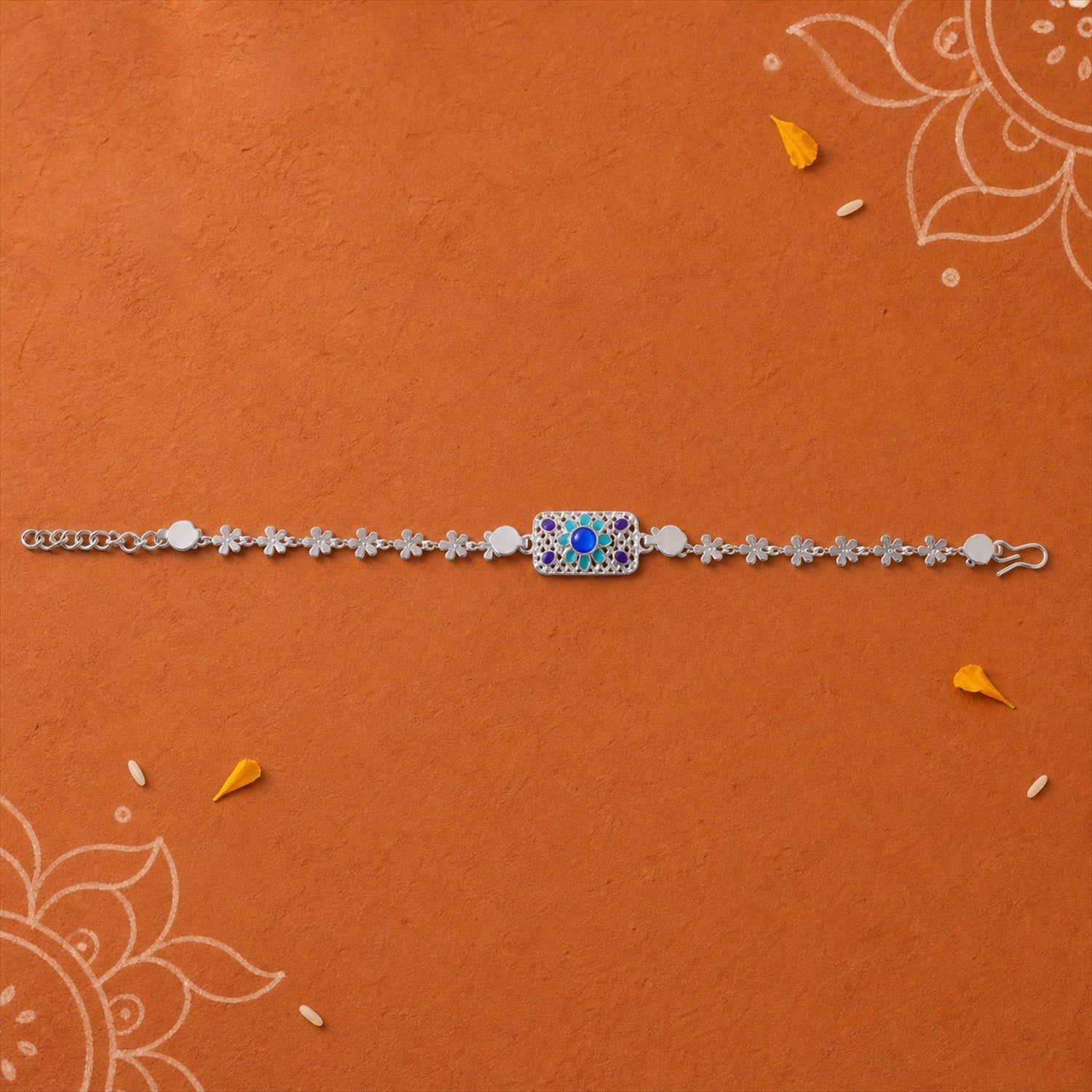 Rectangle Silver Studded Multicolor Enamel Floral Chain Rakhi