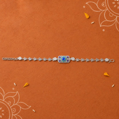Rectangle Silver Studded Multicolor Enamel Floral Chain Rakhi