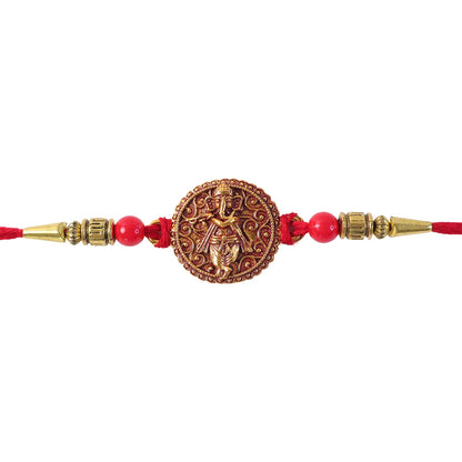 Ganesha Coin Rakhi Antique Design with Vibrant Red Beads (10pcs)