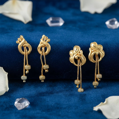 Elegant Gold Dangle Earrings Combo Set with Floral and Heart Inspired Studs (2 Pair)