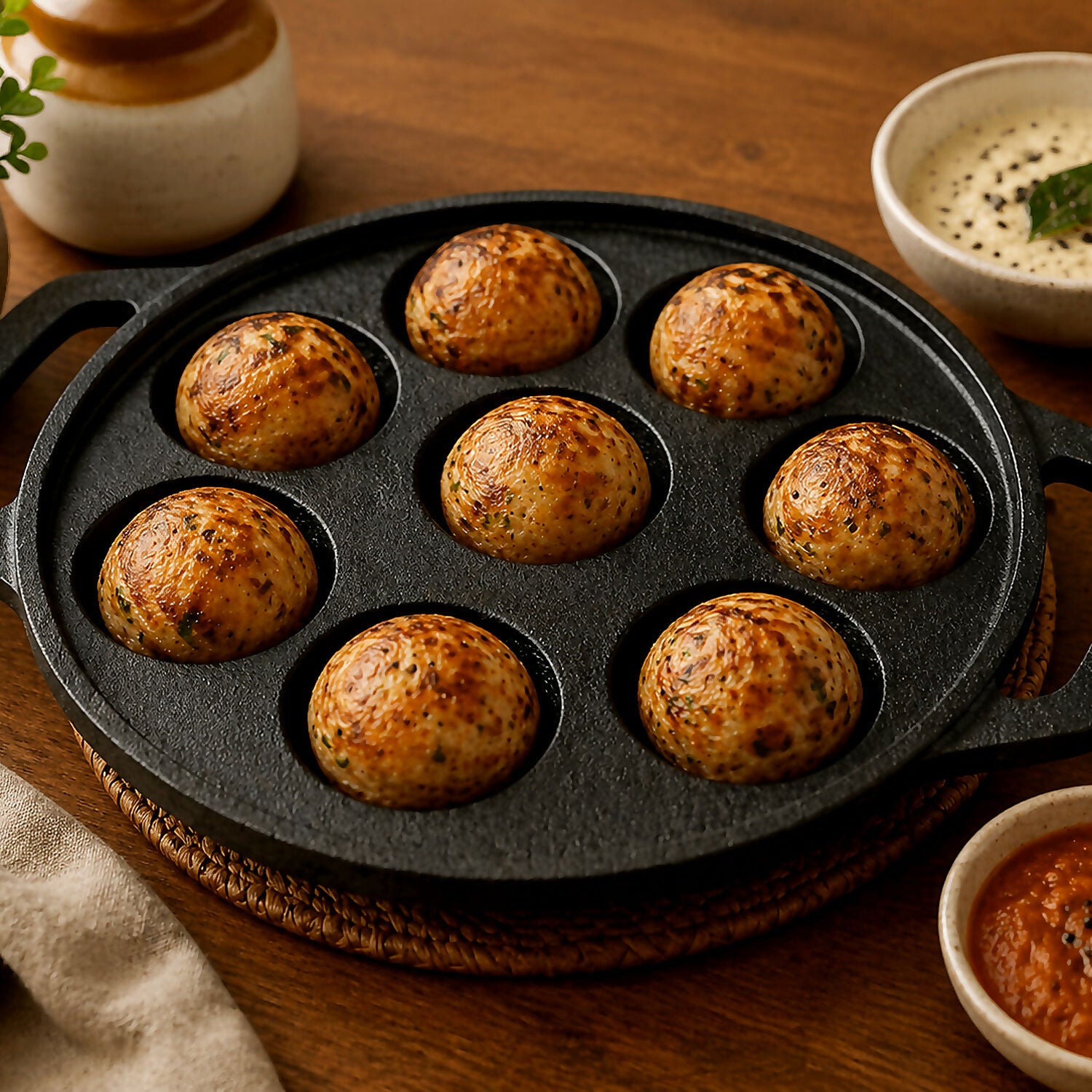 Close-up of cast iron appam patra cavities and handles