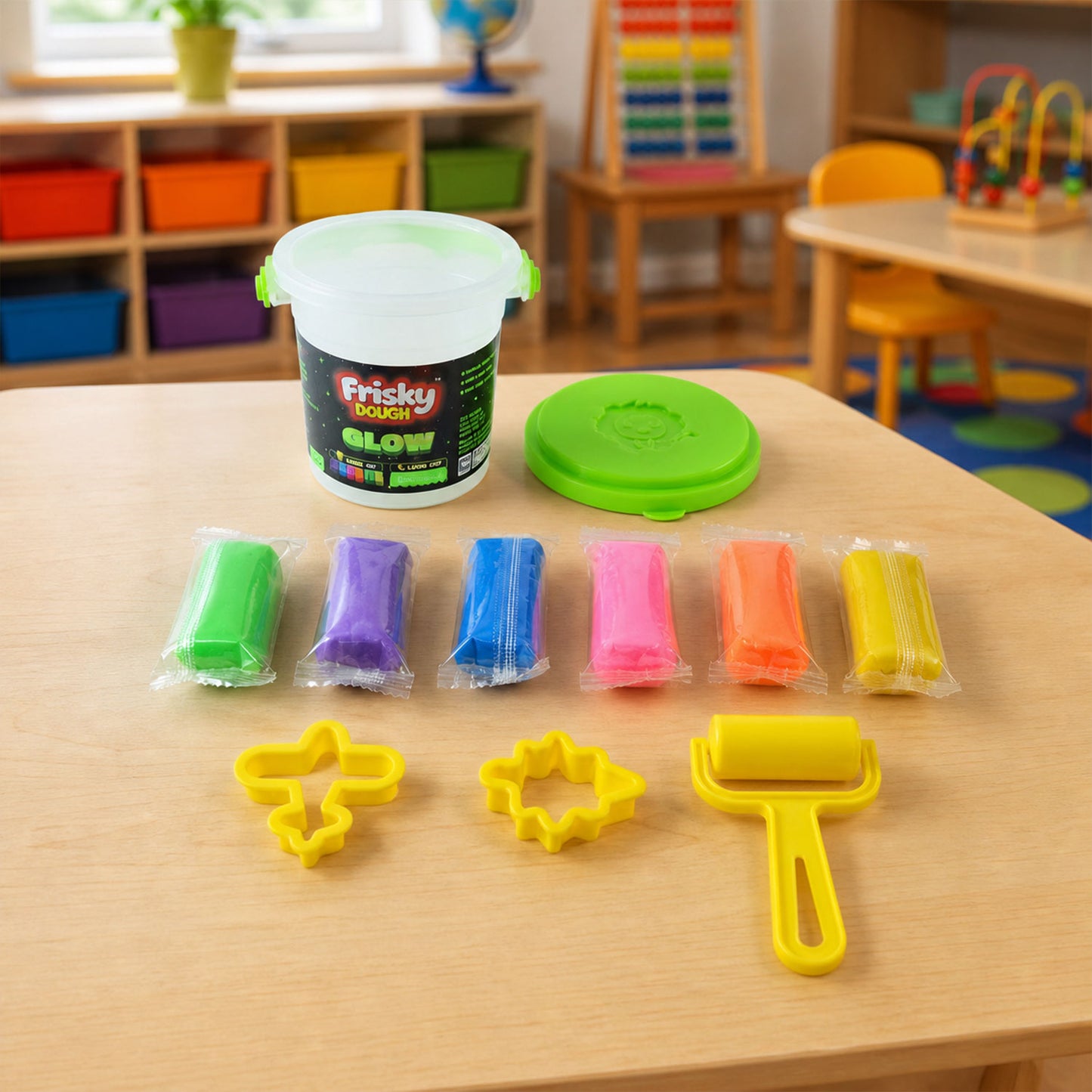 Glow Play Dough Bucket Set 120g with 6 Colour Doughs, Shape Molds & Roller for Kids