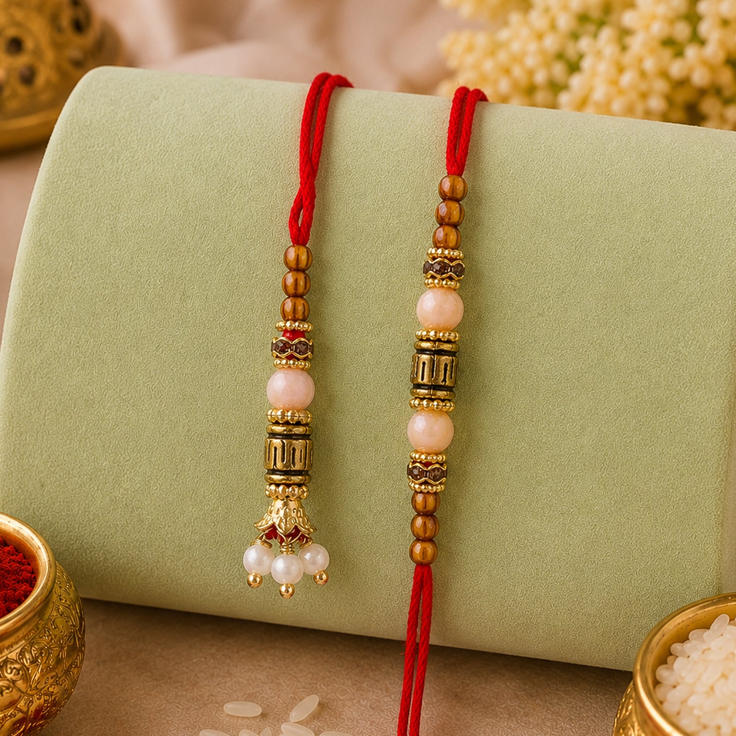 Beaded Minimal Design Bhai Bhabhi Rakhi with Cylinder Beads and Pearls for Gifting