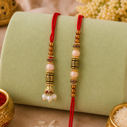 Beaded Minimal Design Bhai Bhabhi Rakhi with Cylinder Beads and Pearls for Gifting