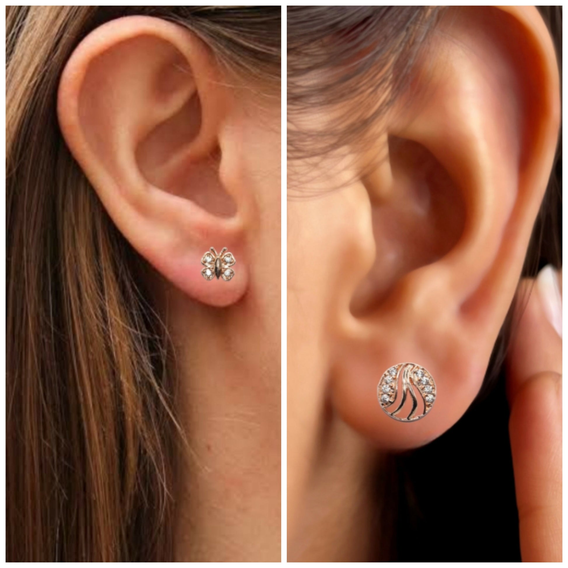 Rose Gold Plated AD Stud Earrings Set (Butterfly & Round) for women and girls Combo Pack of 2