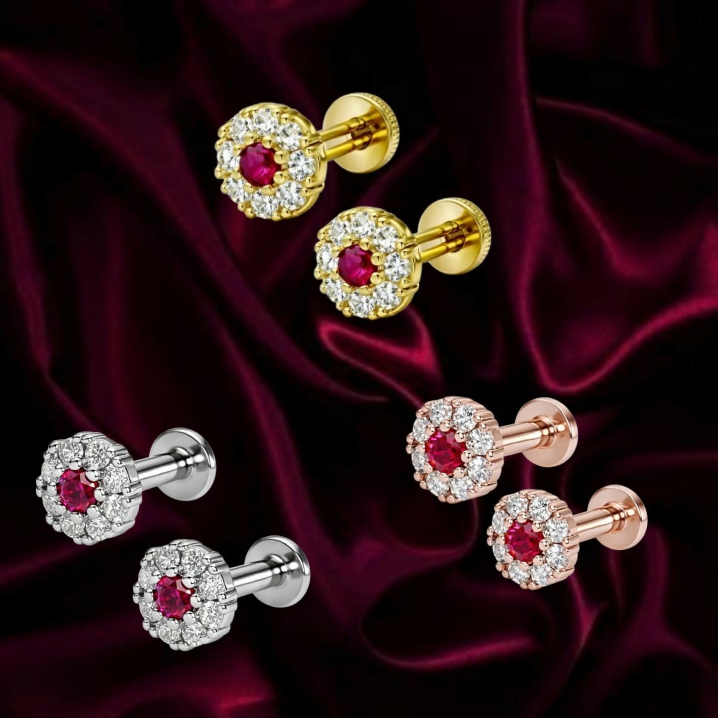 Ruby and AD stud earrings gold plated with vibrant red ruby centerpiece
