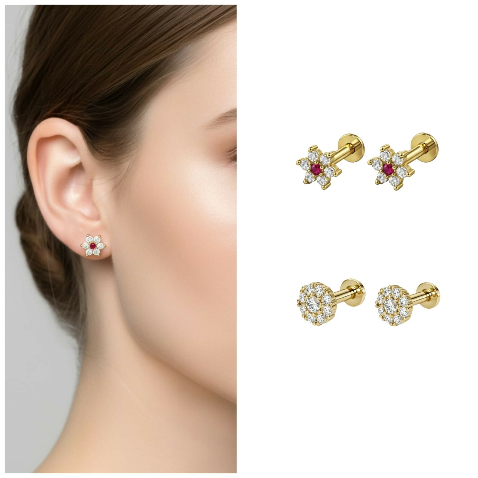 Gold plated floral diamond-style stud earrings close-up
