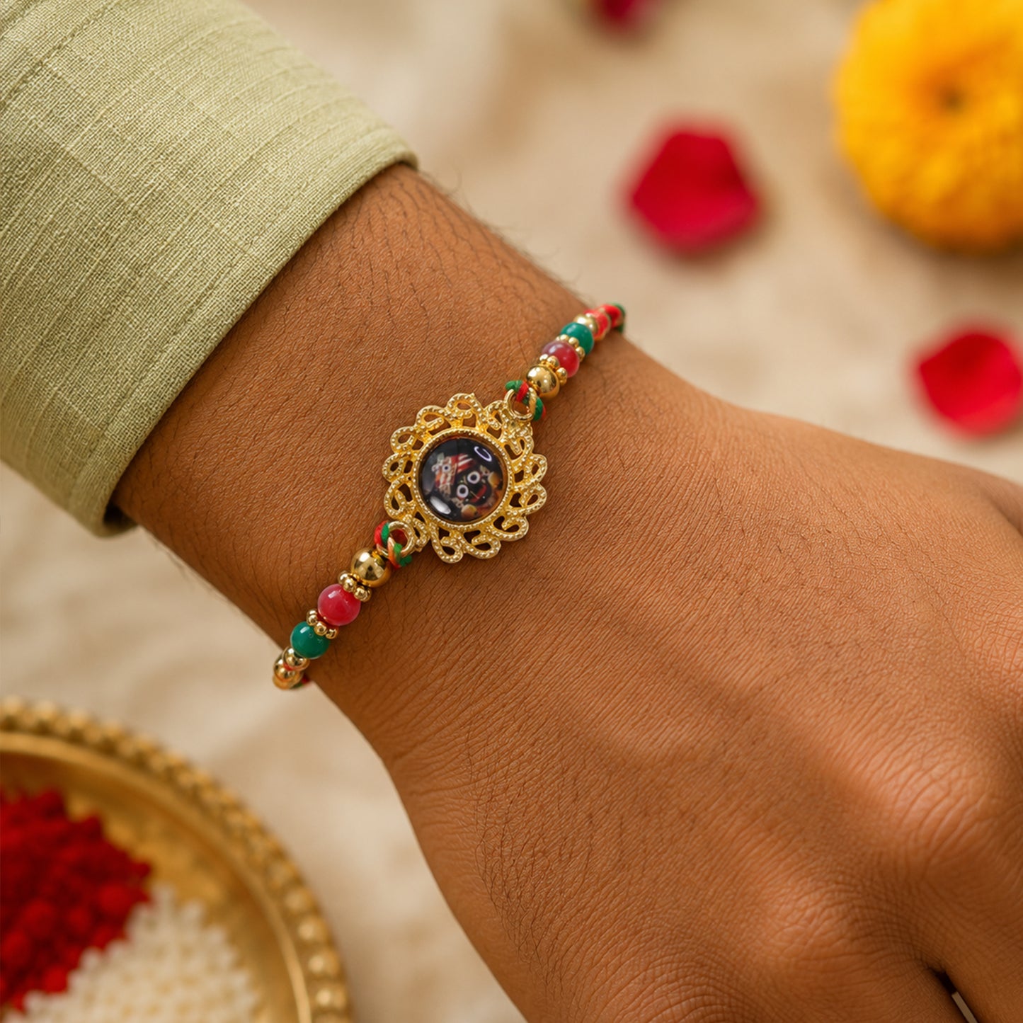 Lord Jagannath Pendant Rakhi with Red Beads