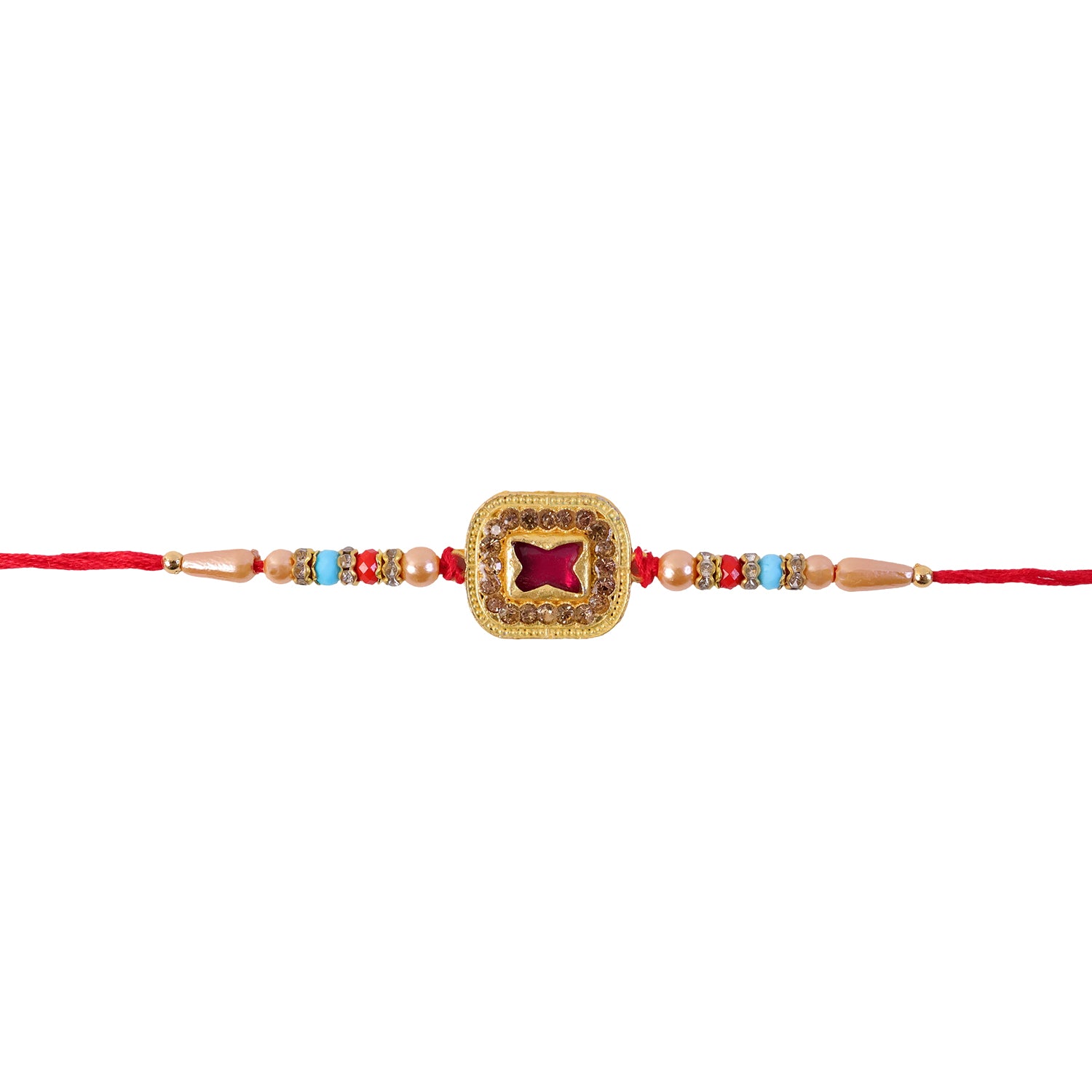 Royal Maroon Cushion Stone Kundan Rakhi for Brother with Pearls & Beads