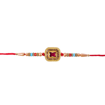 Royal Maroon Cushion Stone Kundan Rakhi for Brother with Pearls & Beads
