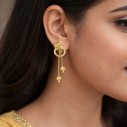 Royal Bloom Heart Drop Earrings with Triple Chain Gold Beads – Floral Statement Jewelry (2 Pair)