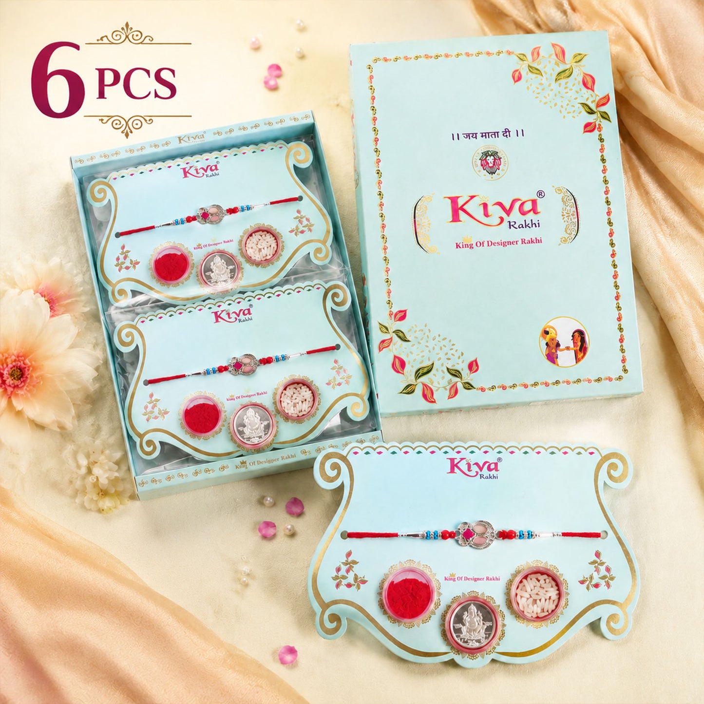 Oval Pink Stone Filigree Rakhi with Red Thread, Roli Chawal Coin and Gift Box Packing