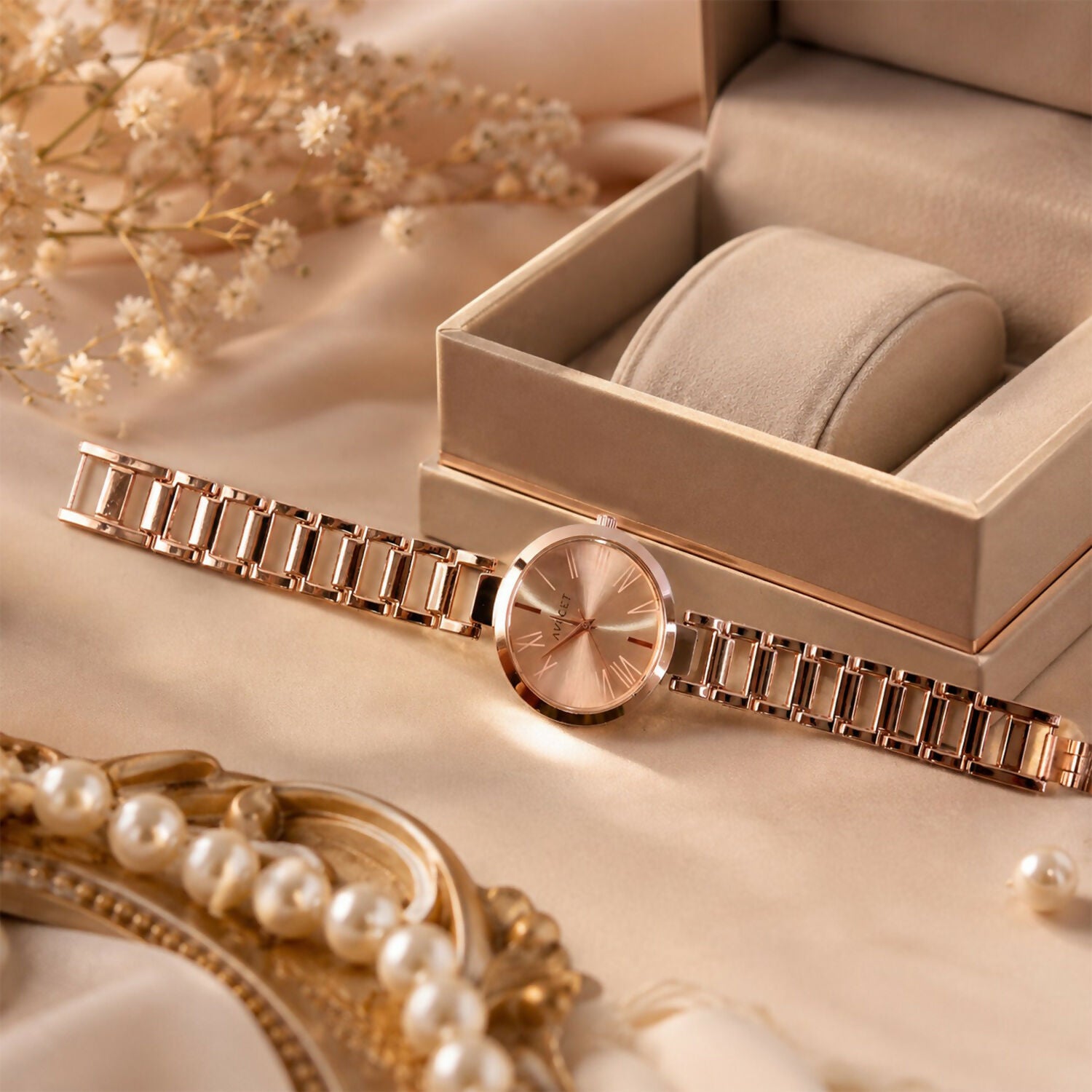 Rose Gold Round Dial Bracelet Watch front view