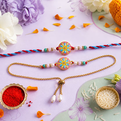 Starburst Meenakari Bhai Bhabhi Lumba Rakhi with Pearl Tassels