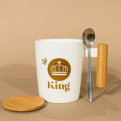 Premium King & Queen Ceramic Mug Set with Wooden Lid & Handle | Luxury Crown Design Coffee & Tea Mugs | Elegant Gift Set for Couples, Husband Wife, Anniversary, Birthday, Valentine, Home & Office Use