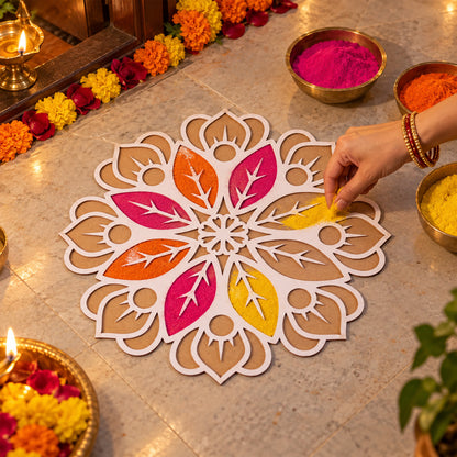 A hand sprinkles yellow powder onto a white and brown rangoli stencil, which is partially filled with pink and orange