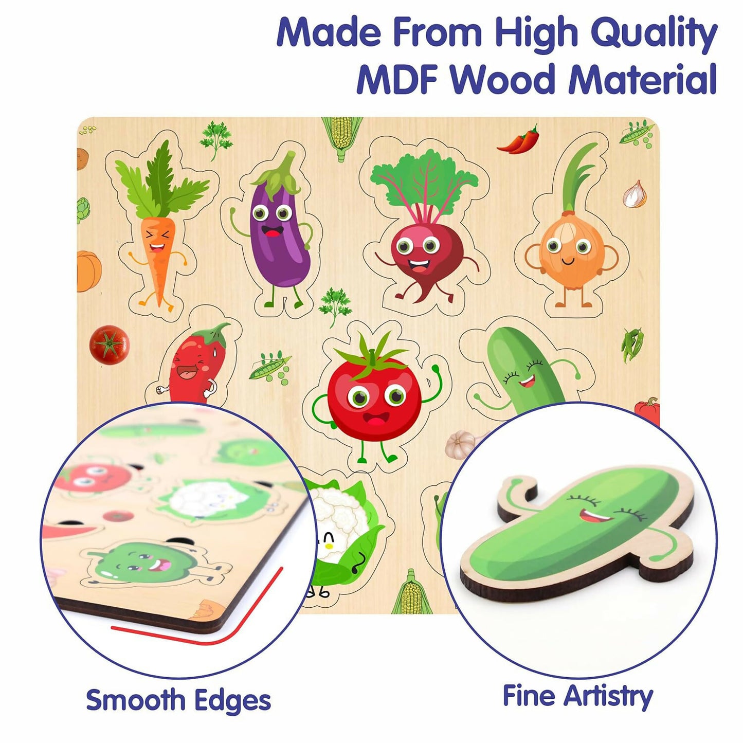 Wooden Vegetable Learning Puzzle Board for Kids – Colorful Puzzle with Cute Veggie Characters