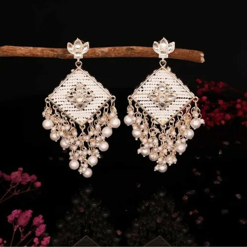 Traditional Kundan Stud Earrings with White Seed Bead Work and Pearl Drops.