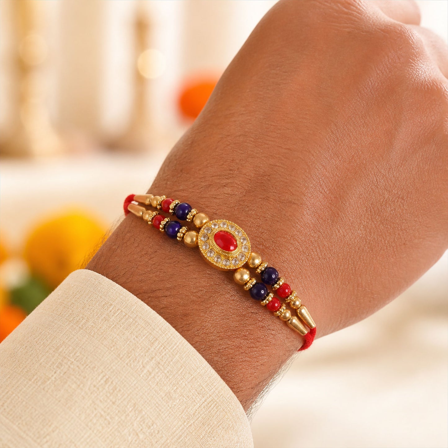 Red Blue Beaded Rakhi with Ruby Center and Rich Traditional Festive Gift Styling