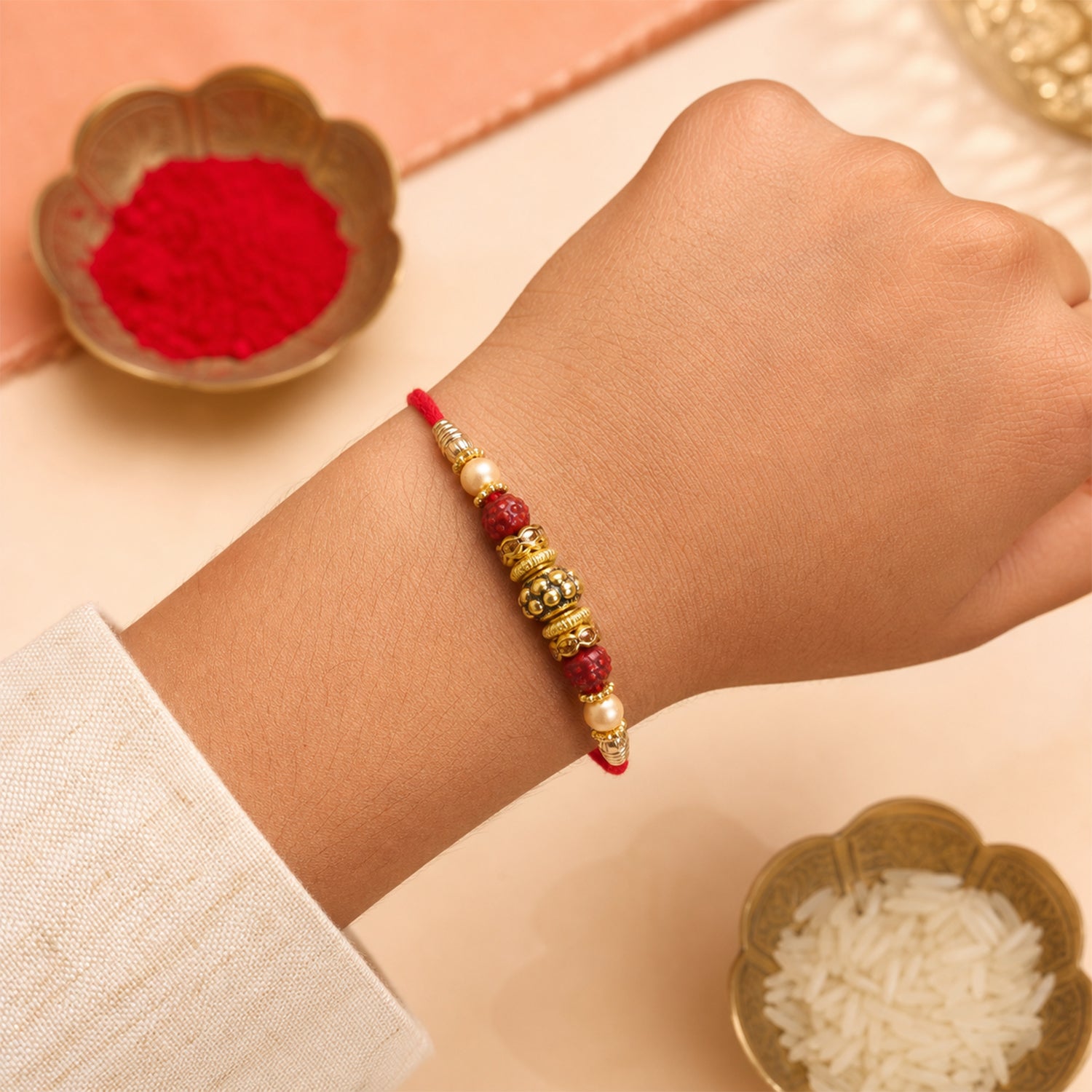 Pearl Drop Beaded Bhai Bhabhi Rakhi with Rudraksha Accents for Raksha Bandhan Gift