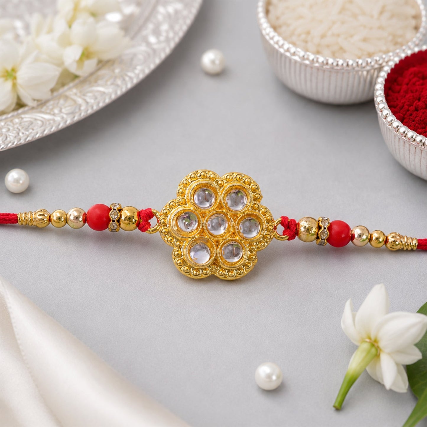 Kundan Rakhi Traditional Rudraksha Design for Brother (10pcs)