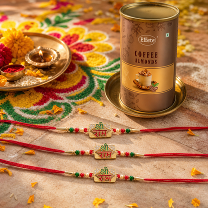 Shree Ram Meenakari Rakhi with Coffee Chocolate Almonds, Pack of 3