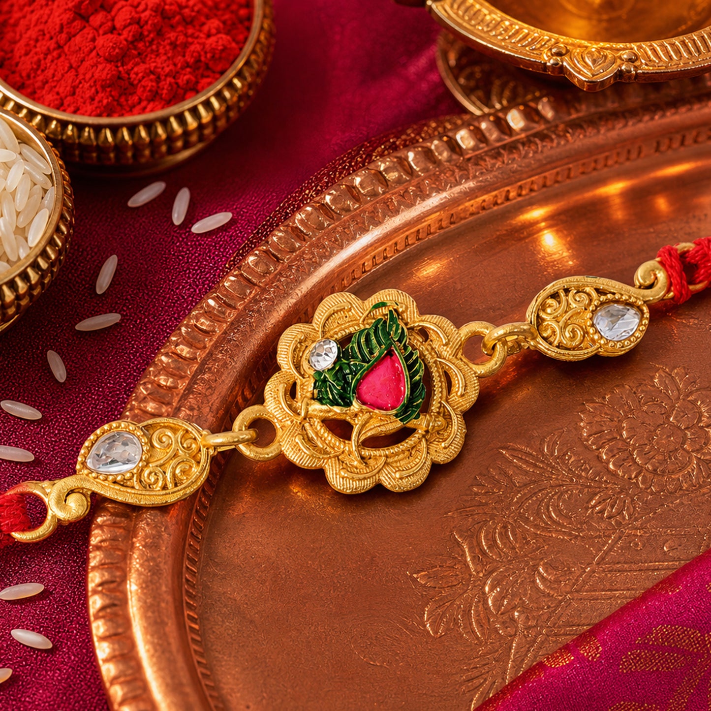 Classic Rakhi with Shri Plaque, ornate work and thread style for Festive Display