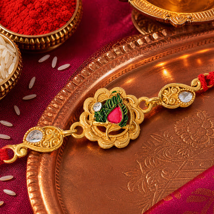Classic Rakhi with Shri Plaque, ornate work and thread style for Festive Display