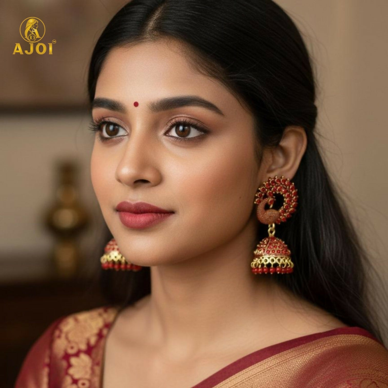 Premium Red Stone Bridal Jhumka Earrings