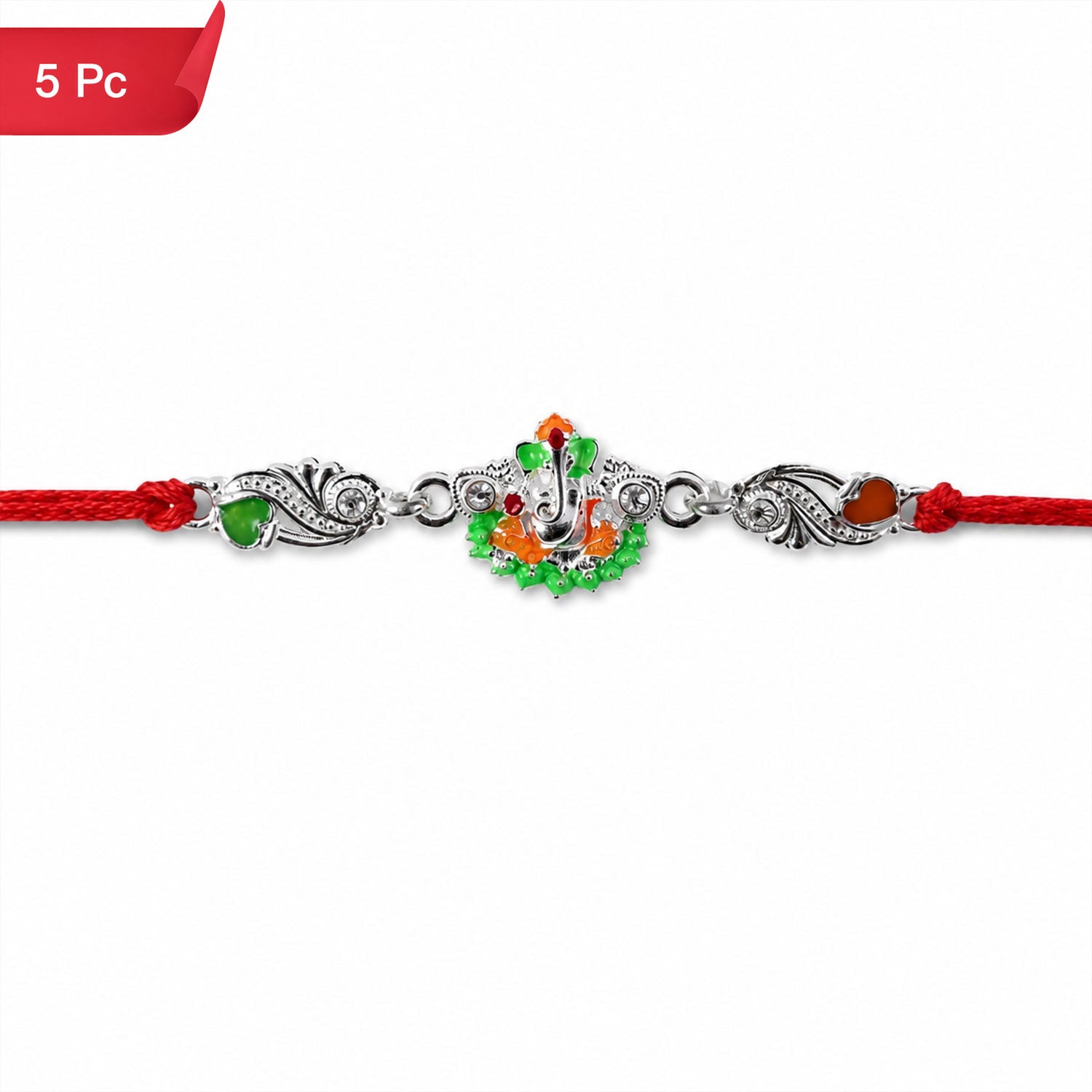 Rakhi Elegant Silver Ganesh Charm with Red Dori for Brother (5pcs)