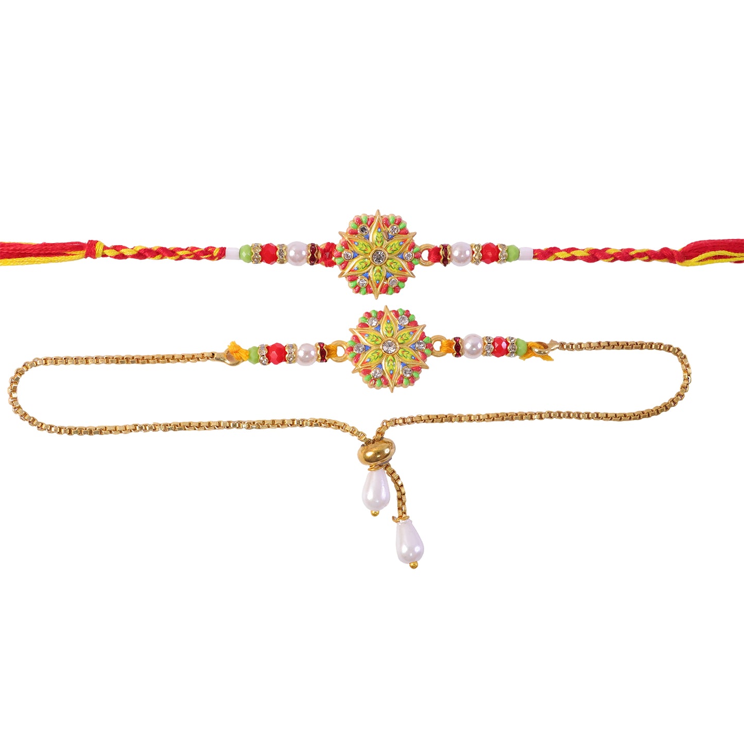 Star Design Floral Kundan Bhai Bhabhi Lumba Rakhi with Pearl Drops